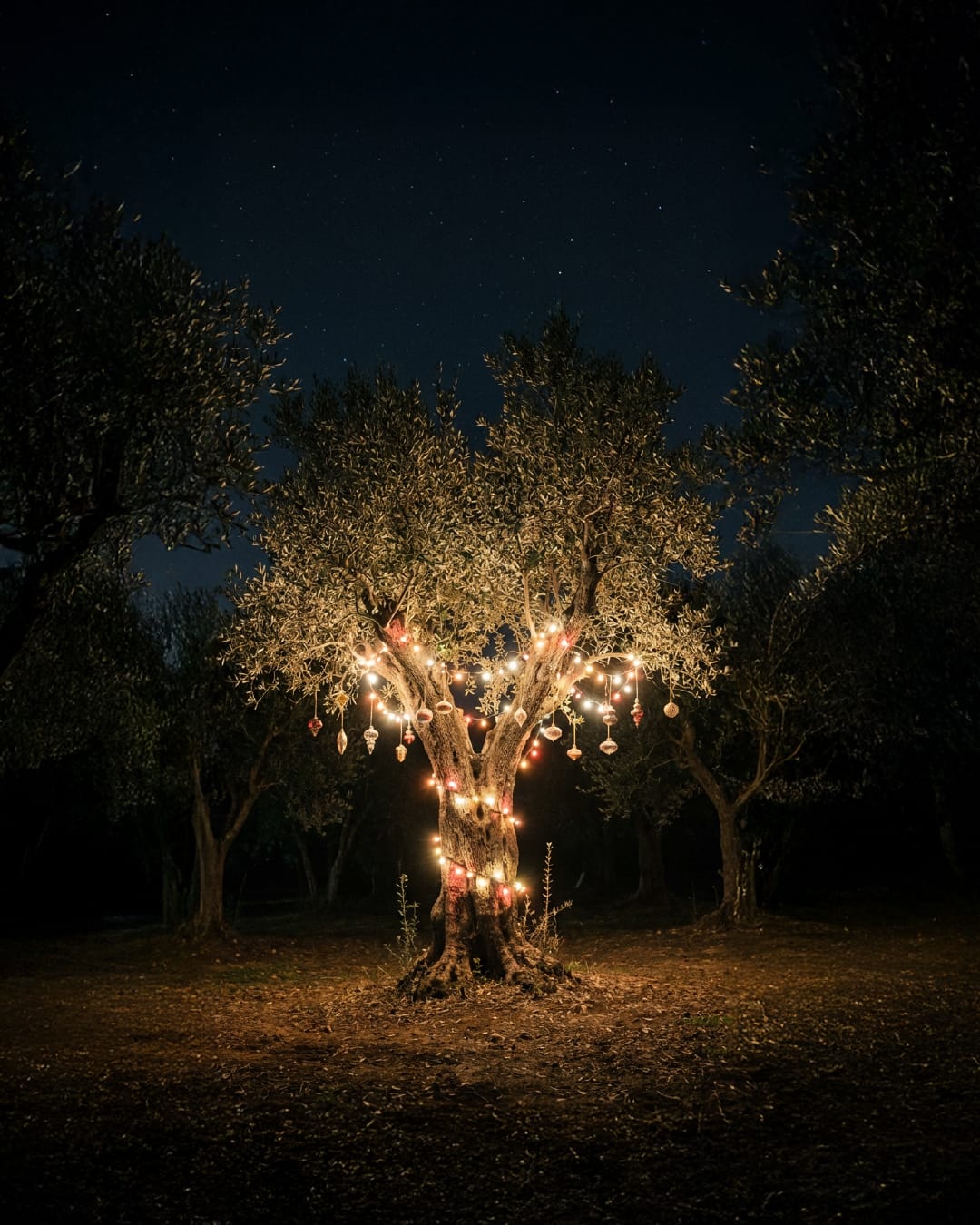 Ulivo illuminato nella notte